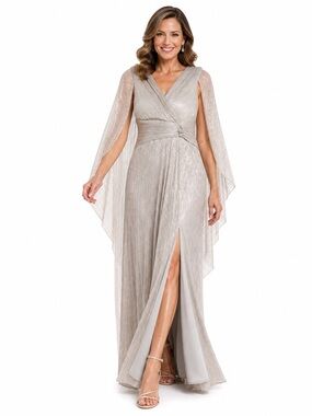 Silver Metallic Cape Gown Size 10 Mother of the Bride Formal Dress NWT